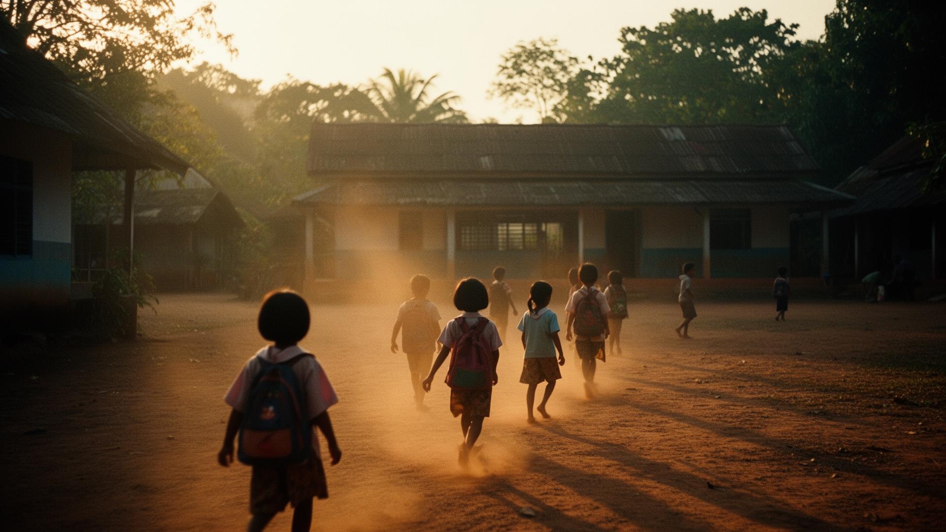Children walking from school at golden hour.